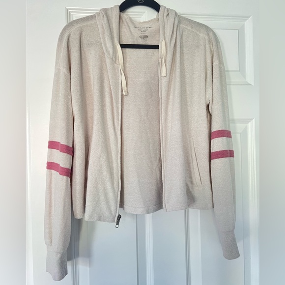 American Eagle Outfitters Tops - Off-White Zip Up Hoodie with Pink Stripes